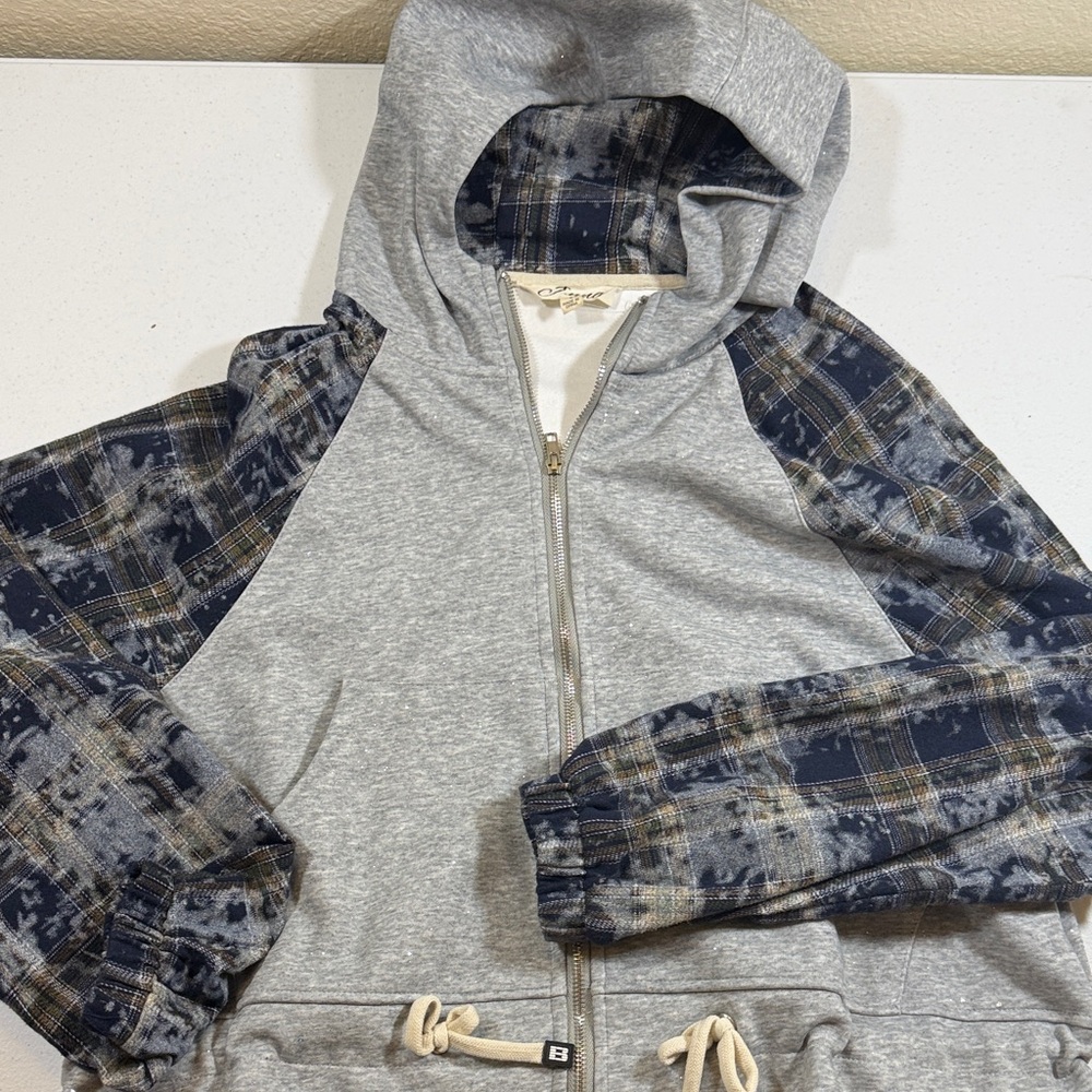 T.nna Gray Zip-Up Hoodie with Navy & Olive Plaid Hood Lining